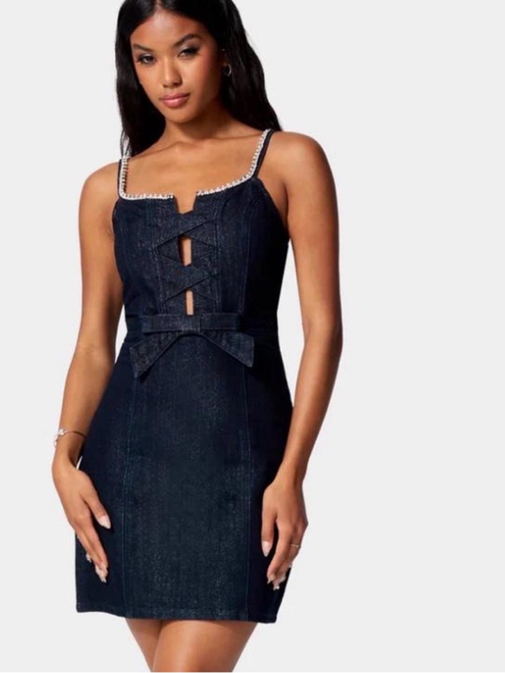 bebe Dark Blue Denim Bow Detail Rhinestone Strap Glitter Denim Dress Size 0 - Picture 2 of 8